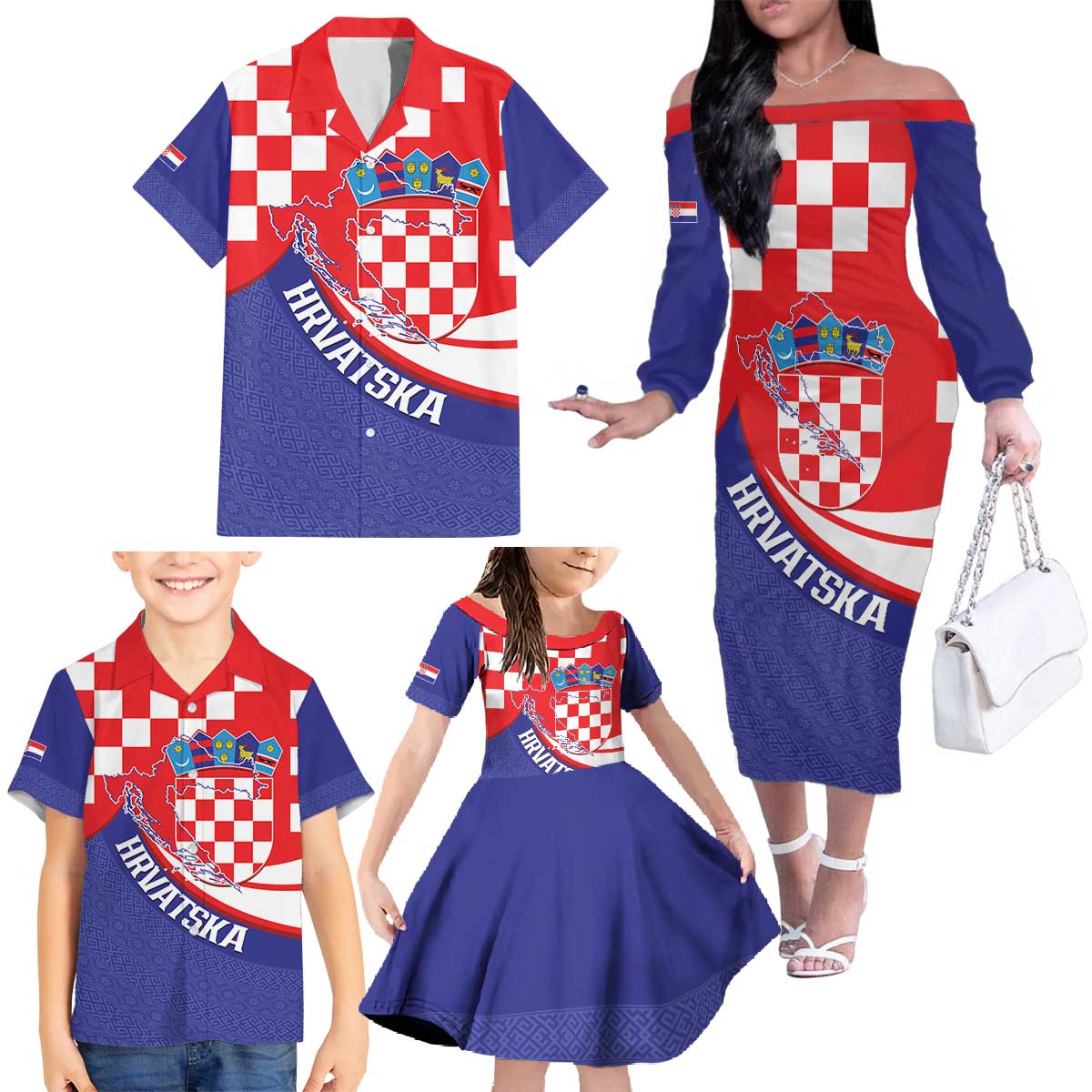 Croatia National Day Family Matching Off The Shoulder Long Sleeve Dress and Hawaiian Shirt Hrvatska Checkerboard With Slavic Pattern