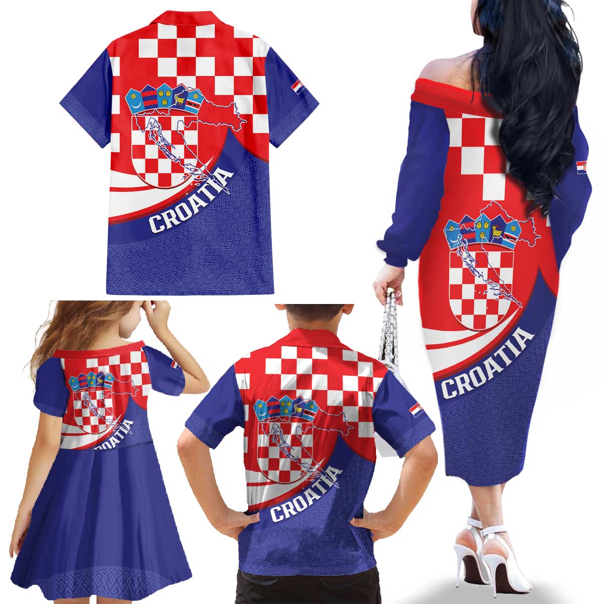 Croatia National Day Family Matching Off The Shoulder Long Sleeve Dress and Hawaiian Shirt Hrvatska Checkerboard With Slavic Pattern