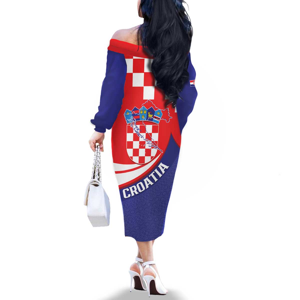 Croatia National Day Family Matching Off The Shoulder Long Sleeve Dress and Hawaiian Shirt Hrvatska Checkerboard With Slavic Pattern
