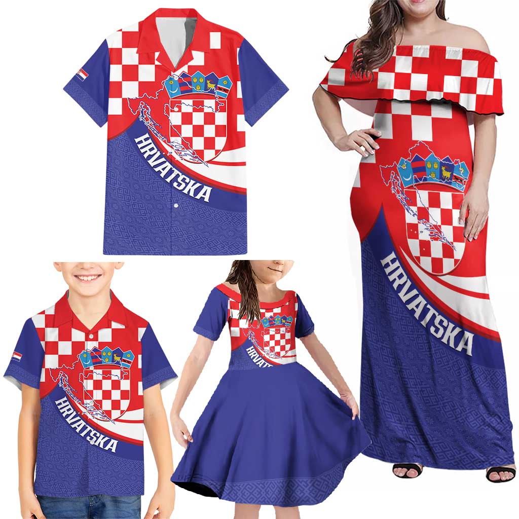 Croatia National Day Family Matching Off Shoulder Maxi Dress and Hawaiian Shirt Hrvatska Checkerboard With Slavic Pattern