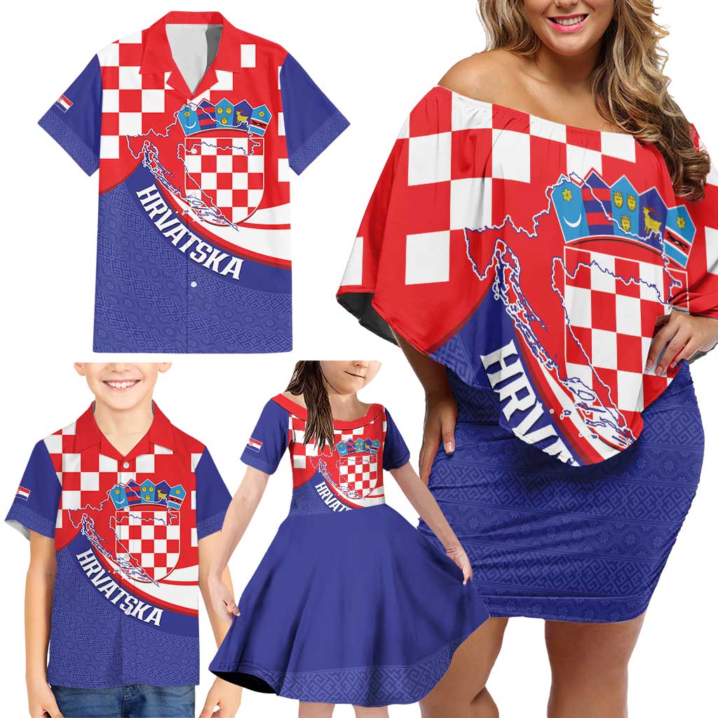 Croatia National Day Family Matching Off Shoulder Short Dress and Hawaiian Shirt Hrvatska Checkerboard With Slavic Pattern