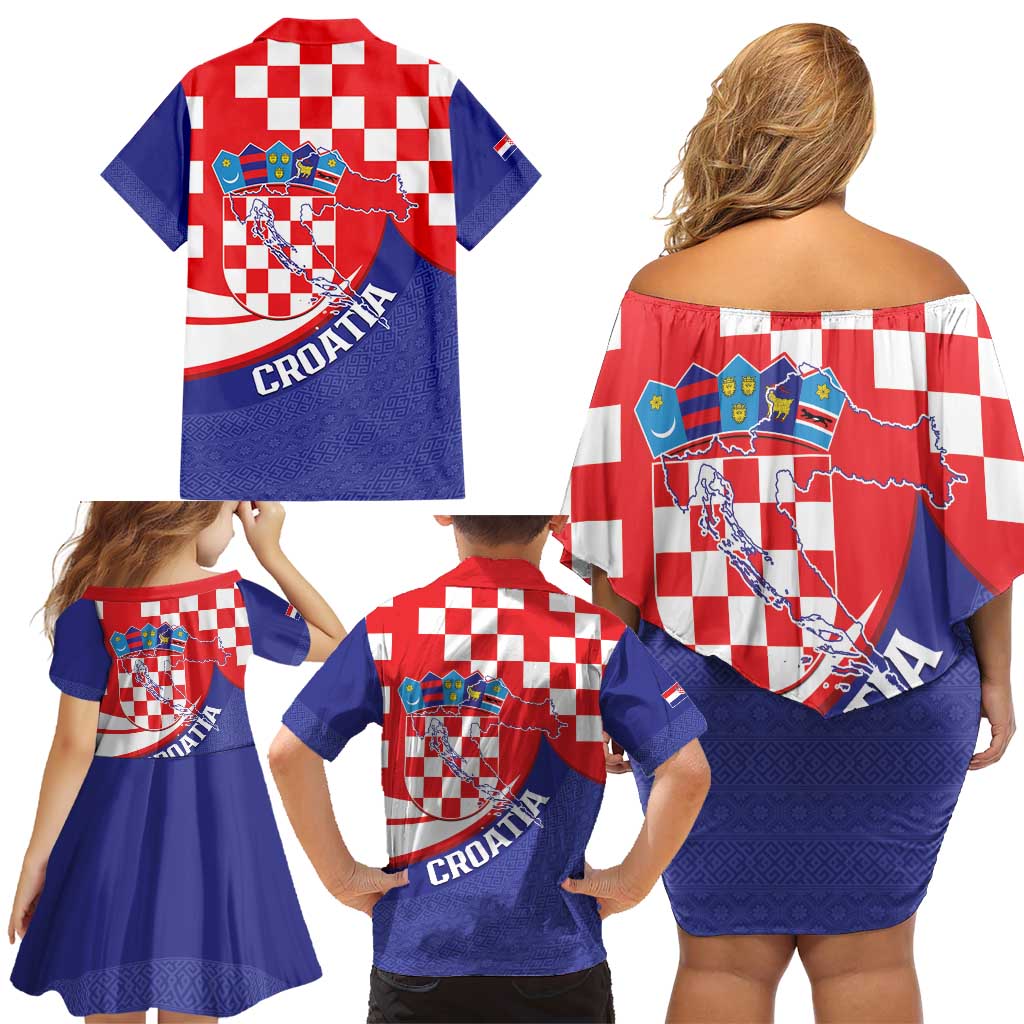 Croatia National Day Family Matching Off Shoulder Short Dress and Hawaiian Shirt Hrvatska Checkerboard With Slavic Pattern
