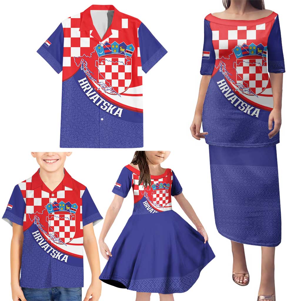 Croatia National Day Family Matching Puletasi and Hawaiian Shirt Hrvatska Checkerboard With Slavic Pattern