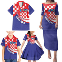 Croatia National Day Family Matching Puletasi and Hawaiian Shirt Hrvatska Checkerboard With Slavic Pattern