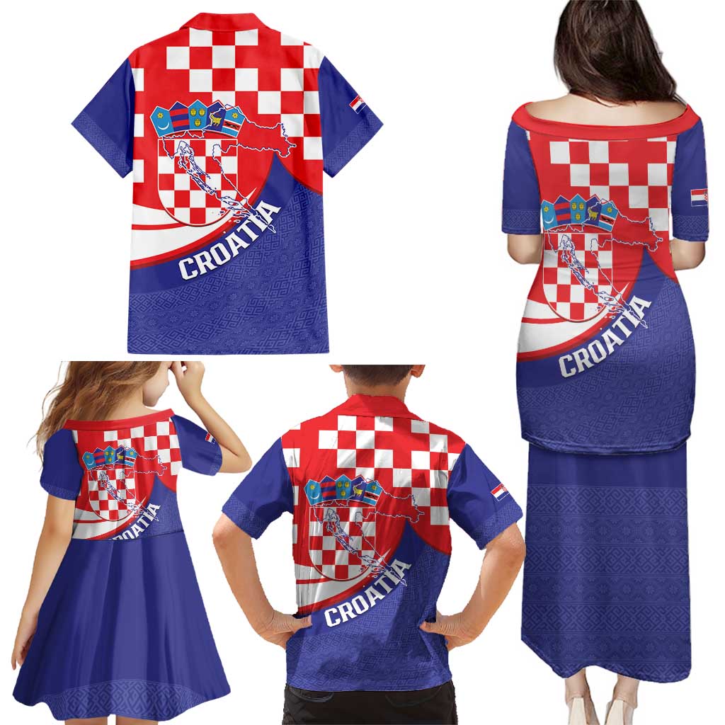 Croatia National Day Family Matching Puletasi and Hawaiian Shirt Hrvatska Checkerboard With Slavic Pattern