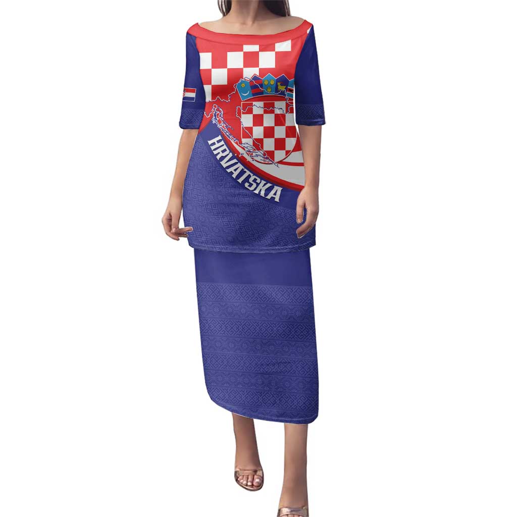 Croatia National Day Family Matching Puletasi and Hawaiian Shirt Hrvatska Checkerboard With Slavic Pattern