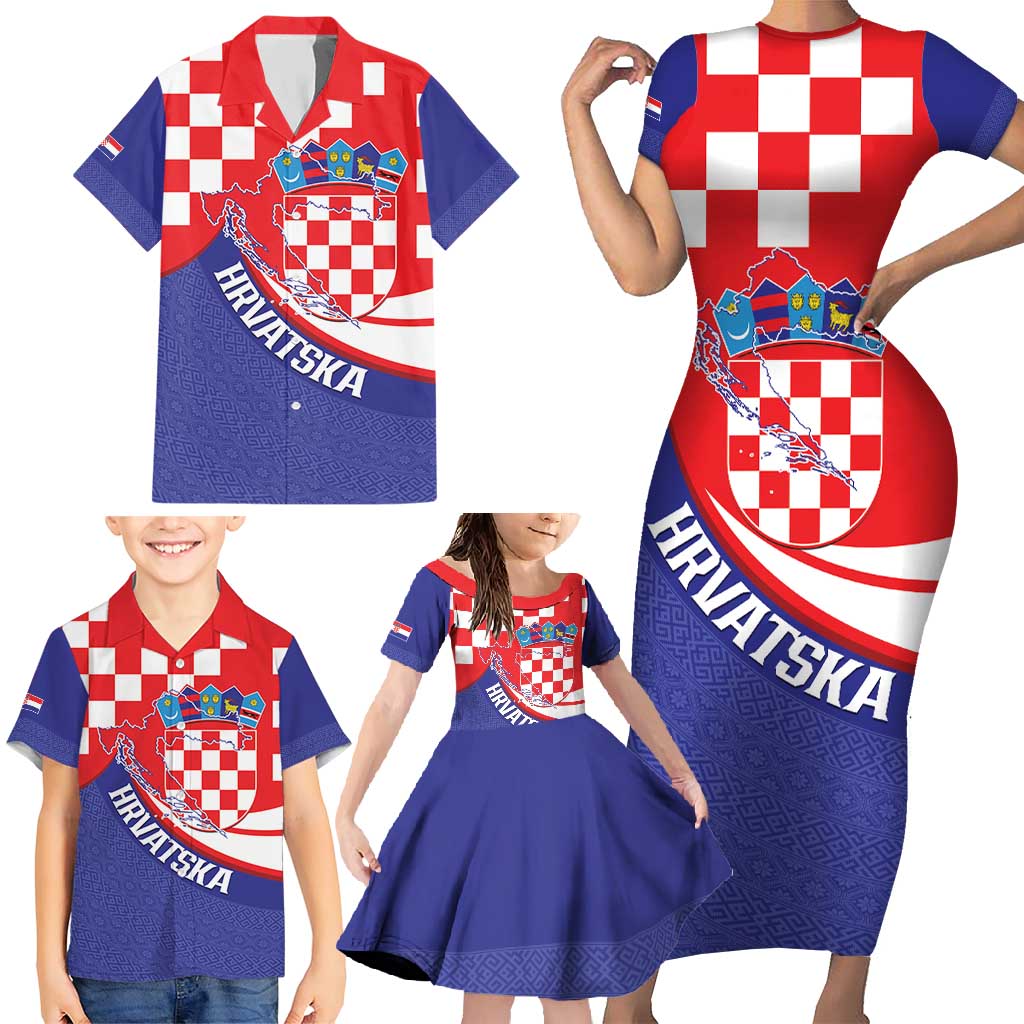 Croatia National Day Family Matching Short Sleeve Bodycon Dress and Hawaiian Shirt Hrvatska Checkerboard With Slavic Pattern