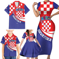 Croatia National Day Family Matching Short Sleeve Bodycon Dress and Hawaiian Shirt Hrvatska Checkerboard With Slavic Pattern