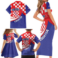 Croatia National Day Family Matching Short Sleeve Bodycon Dress and Hawaiian Shirt Hrvatska Checkerboard With Slavic Pattern