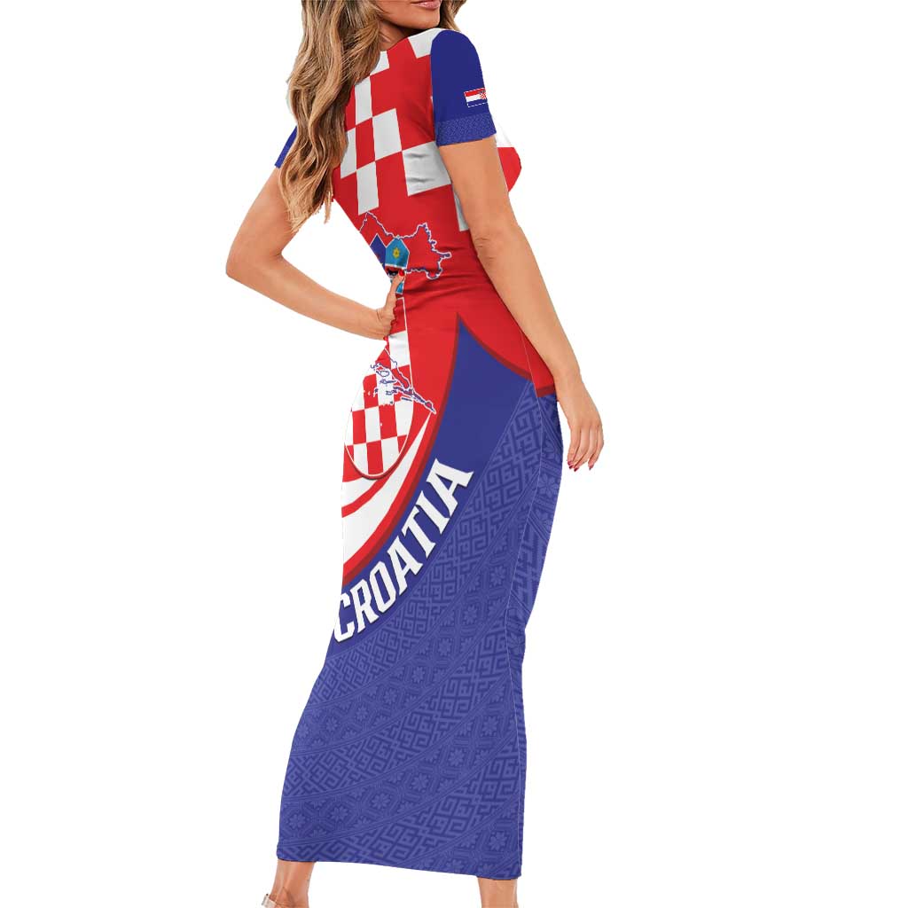 Croatia National Day Family Matching Short Sleeve Bodycon Dress and Hawaiian Shirt Hrvatska Checkerboard With Slavic Pattern