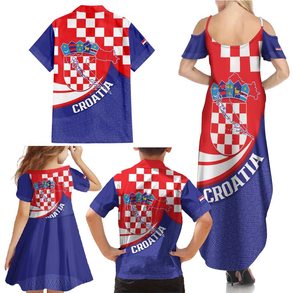 Croatia National Day Family Matching Summer Maxi Dress and Hawaiian Shirt Hrvatska Checkerboard With Slavic Pattern