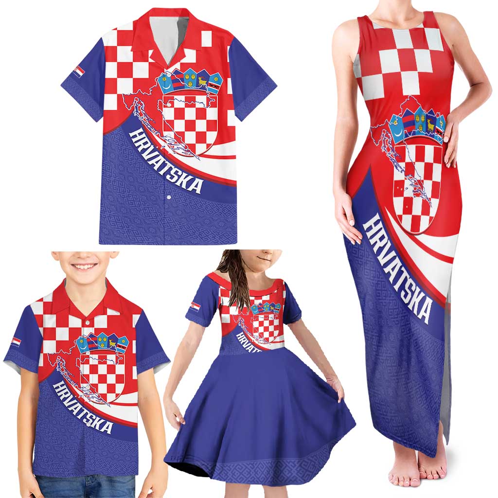 Croatia National Day Family Matching Tank Maxi Dress and Hawaiian Shirt Hrvatska Checkerboard With Slavic Pattern
