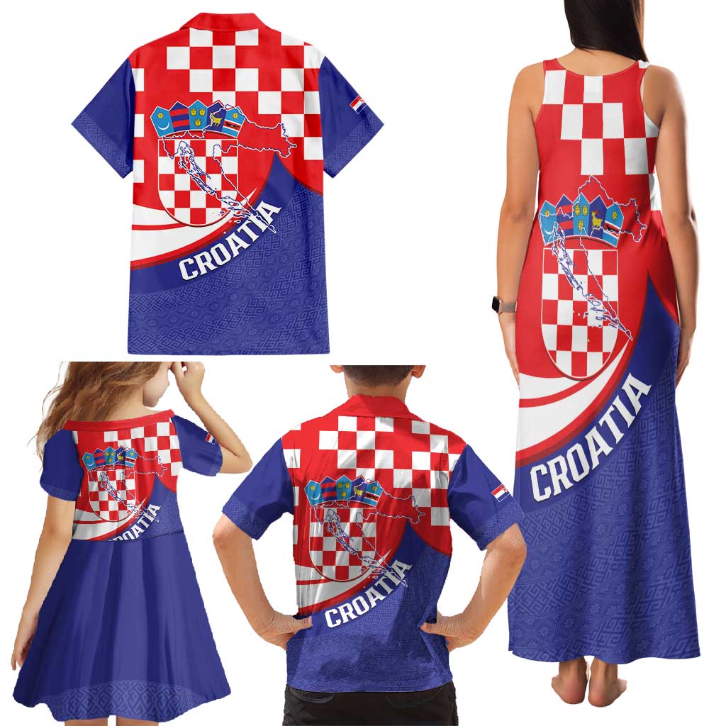 Croatia National Day Family Matching Tank Maxi Dress and Hawaiian Shirt Hrvatska Checkerboard With Slavic Pattern