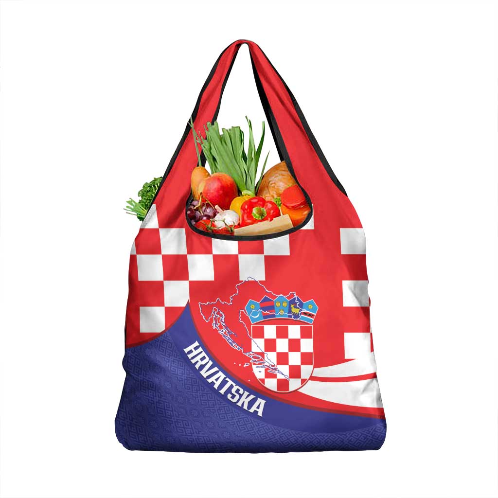 Croatia National Day Grocery Bag Hrvatska Checkerboard With Slavic Pattern