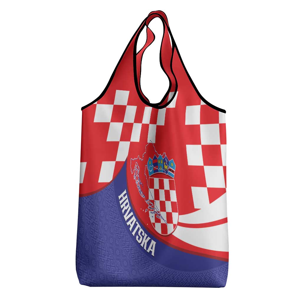 Croatia National Day Grocery Bag Hrvatska Checkerboard With Slavic Pattern