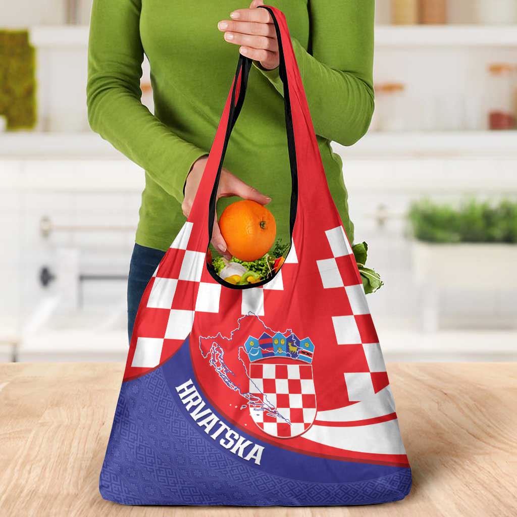 Croatia National Day Grocery Bag Hrvatska Checkerboard With Slavic Pattern