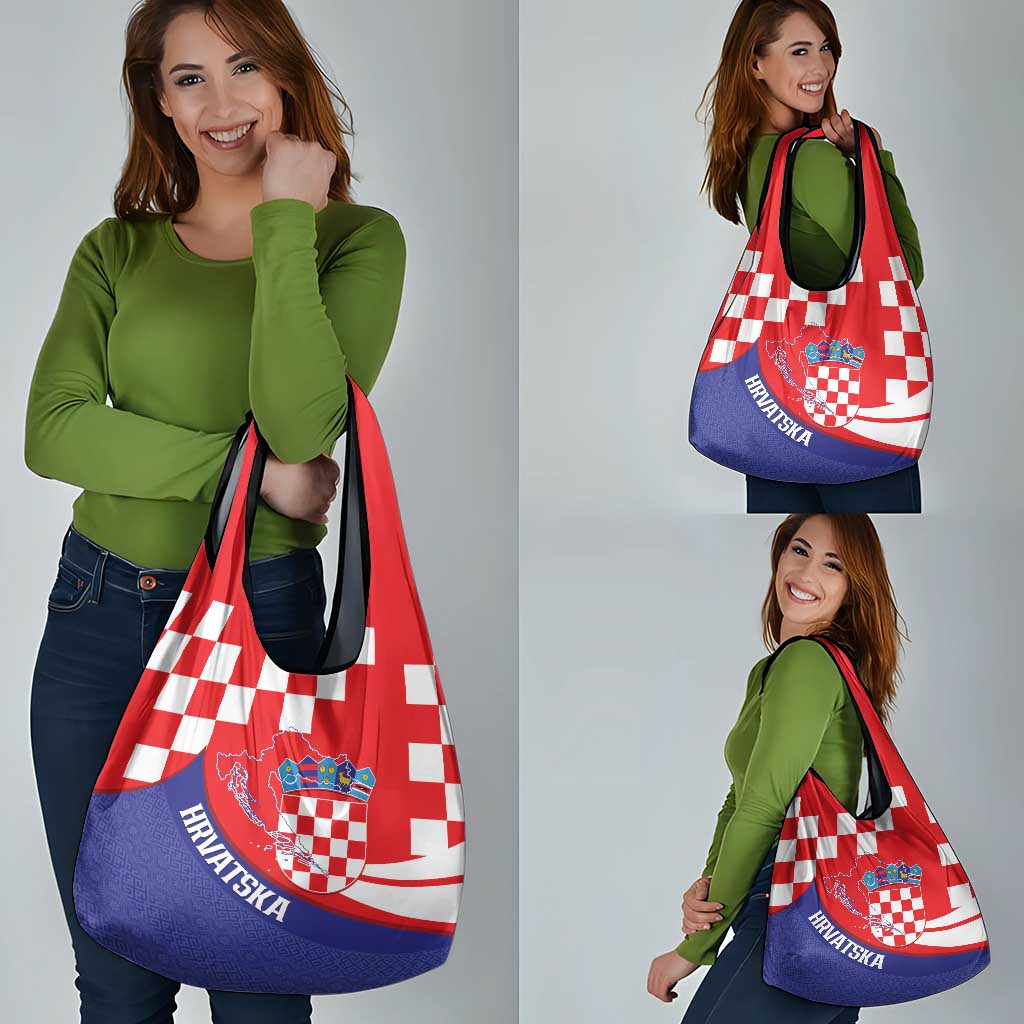 Croatia National Day Grocery Bag Hrvatska Checkerboard With Slavic Pattern