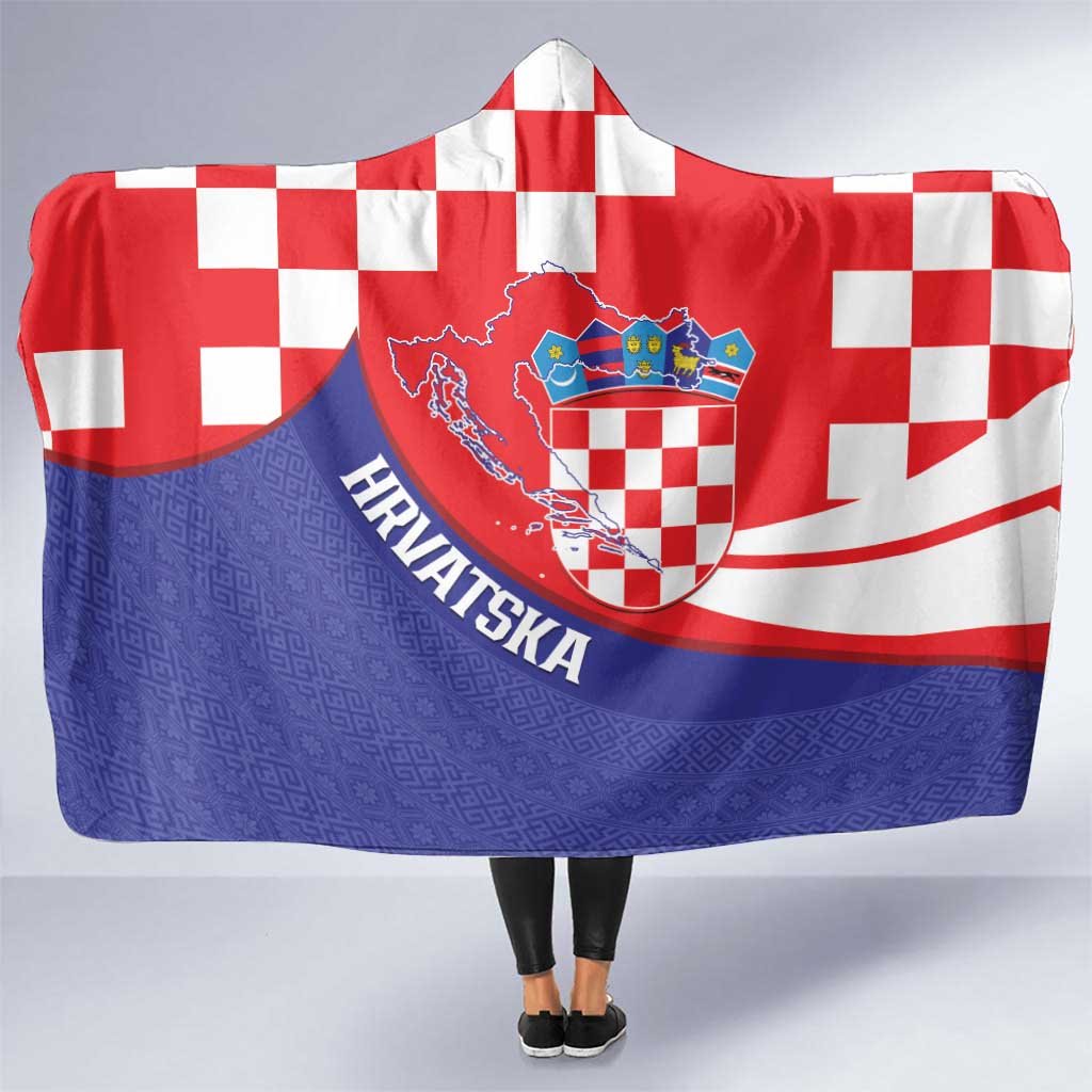 Croatia National Day Hooded Blanket Hrvatska Checkerboard With Slavic Pattern