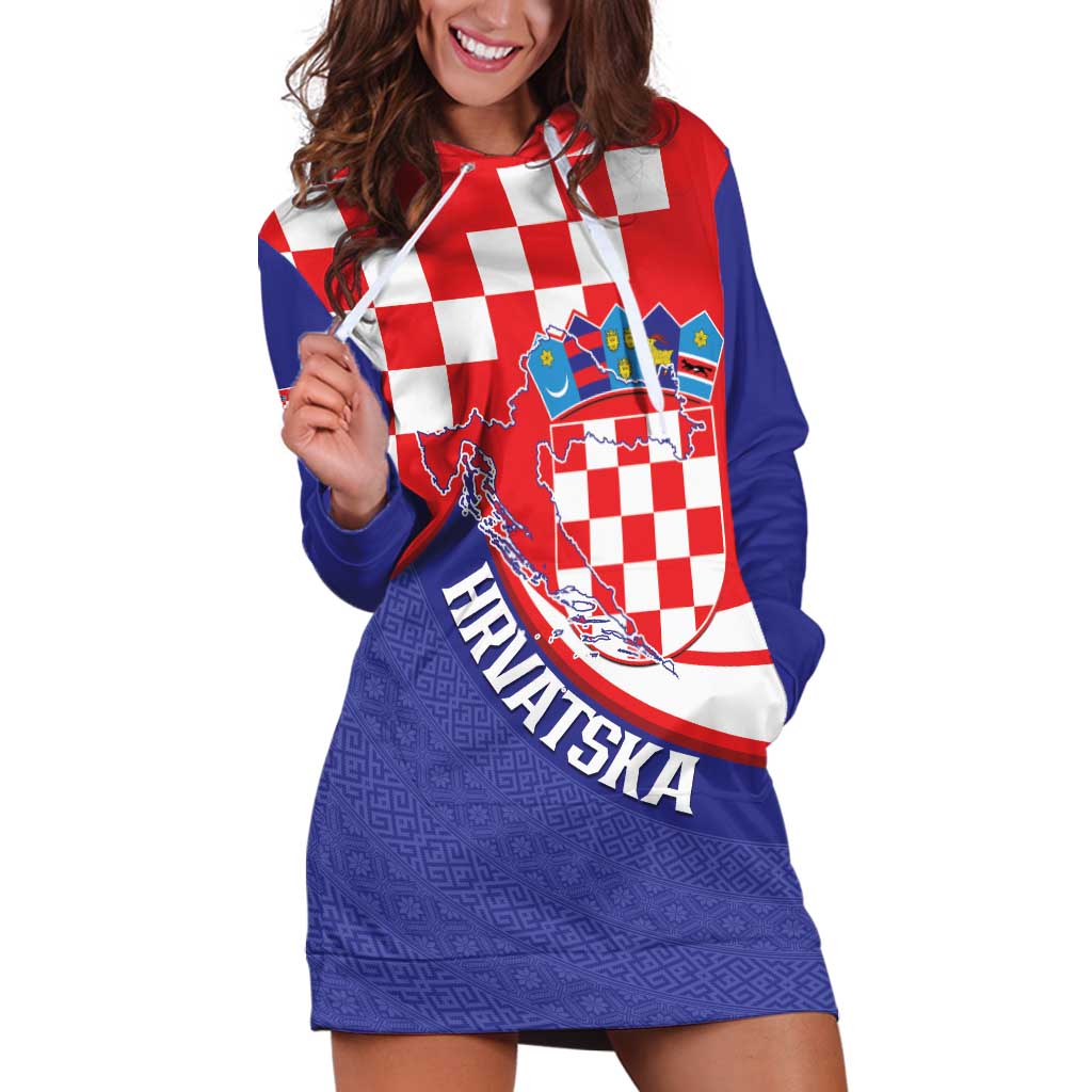 Croatia National Day Hoodie Dress Hrvatska Checkerboard With Slavic Pattern