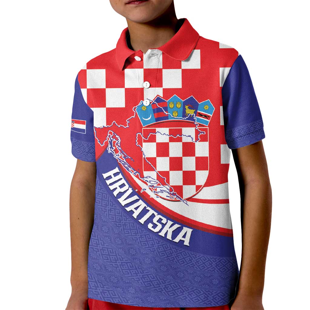 Croatia National Day Kid Polo Shirt Hrvatska Checkerboard With Slavic Pattern