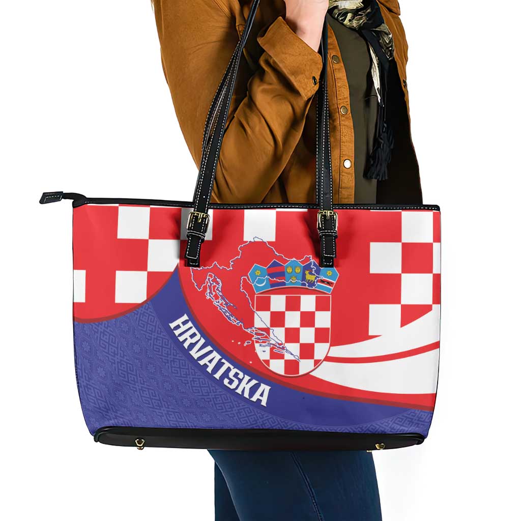 Croatia National Day Leather Tote Bag Hrvatska Checkerboard With Slavic Pattern