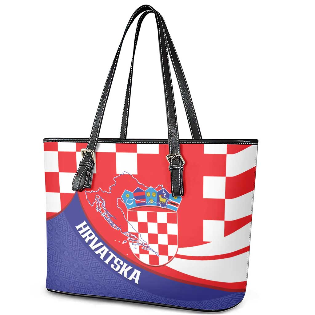 Croatia National Day Leather Tote Bag Hrvatska Checkerboard With Slavic Pattern