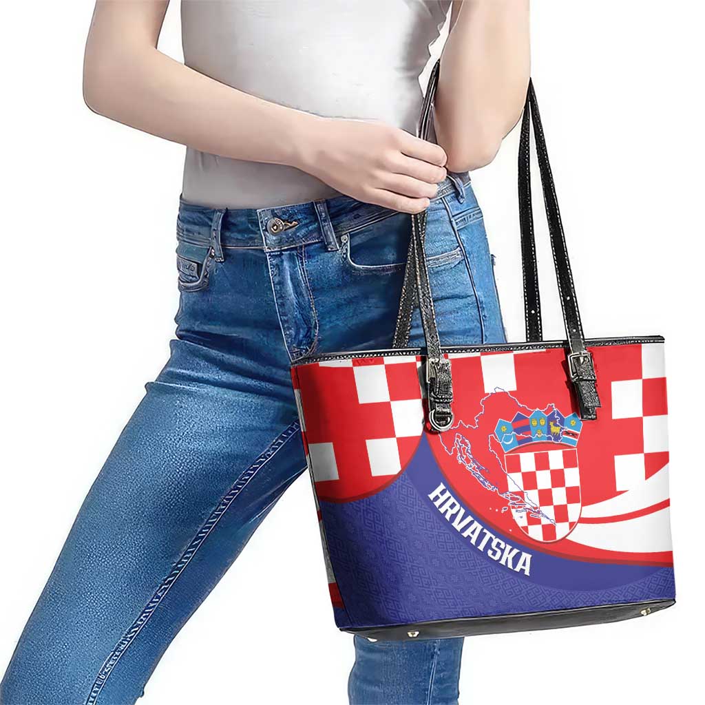 Croatia National Day Leather Tote Bag Hrvatska Checkerboard With Slavic Pattern