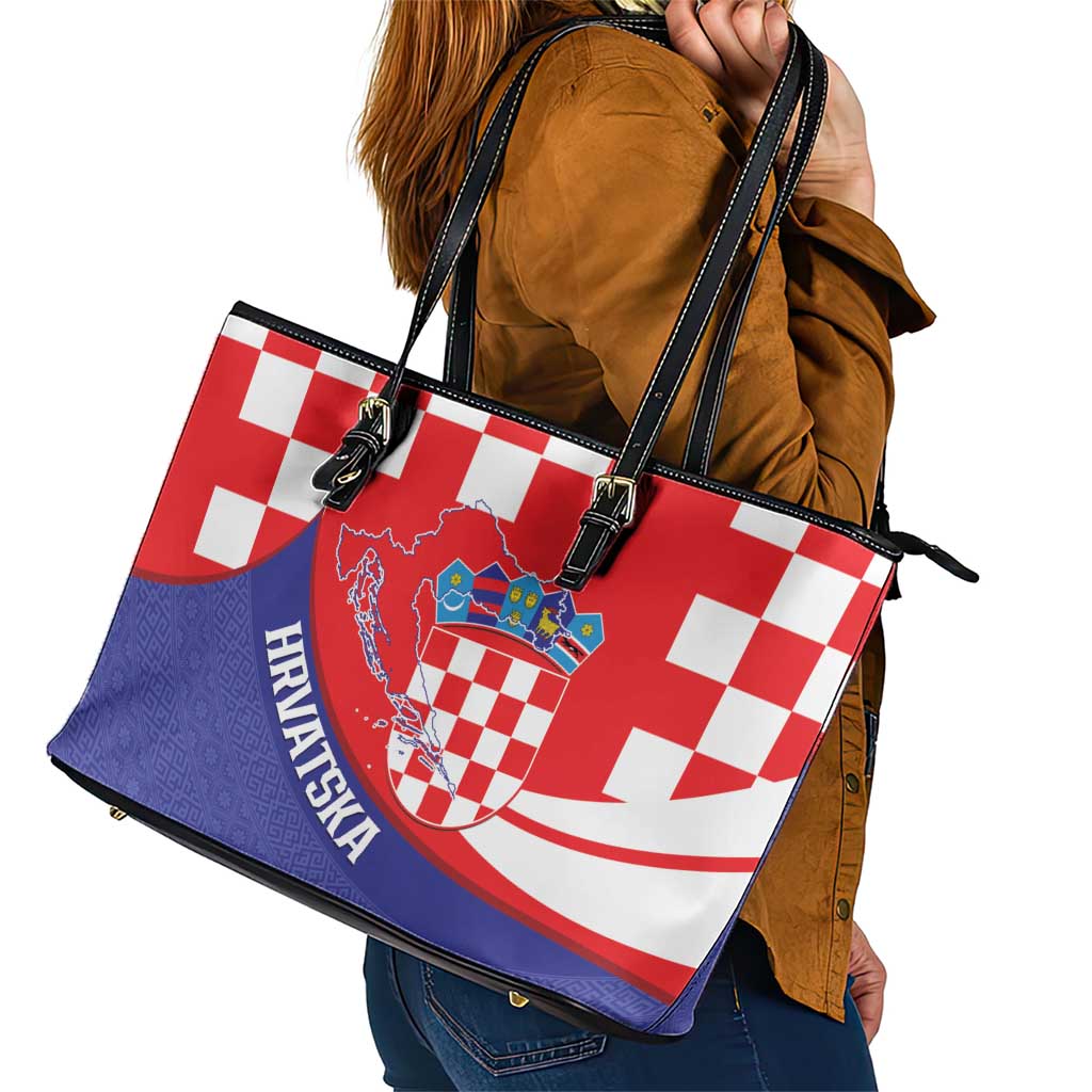 Croatia National Day Leather Tote Bag Hrvatska Checkerboard With Slavic Pattern