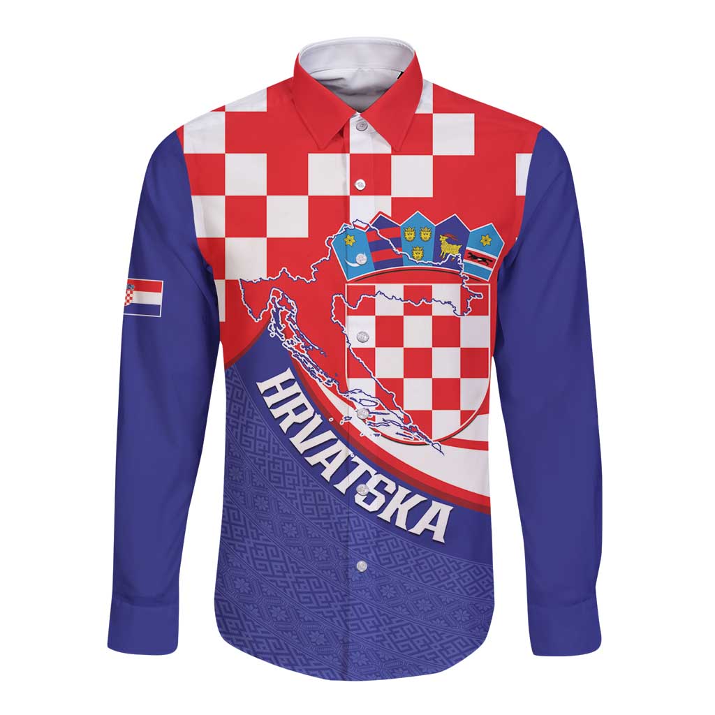 Croatia National Day Long Sleeve Button Shirt Hrvatska Checkerboard With Slavic Pattern