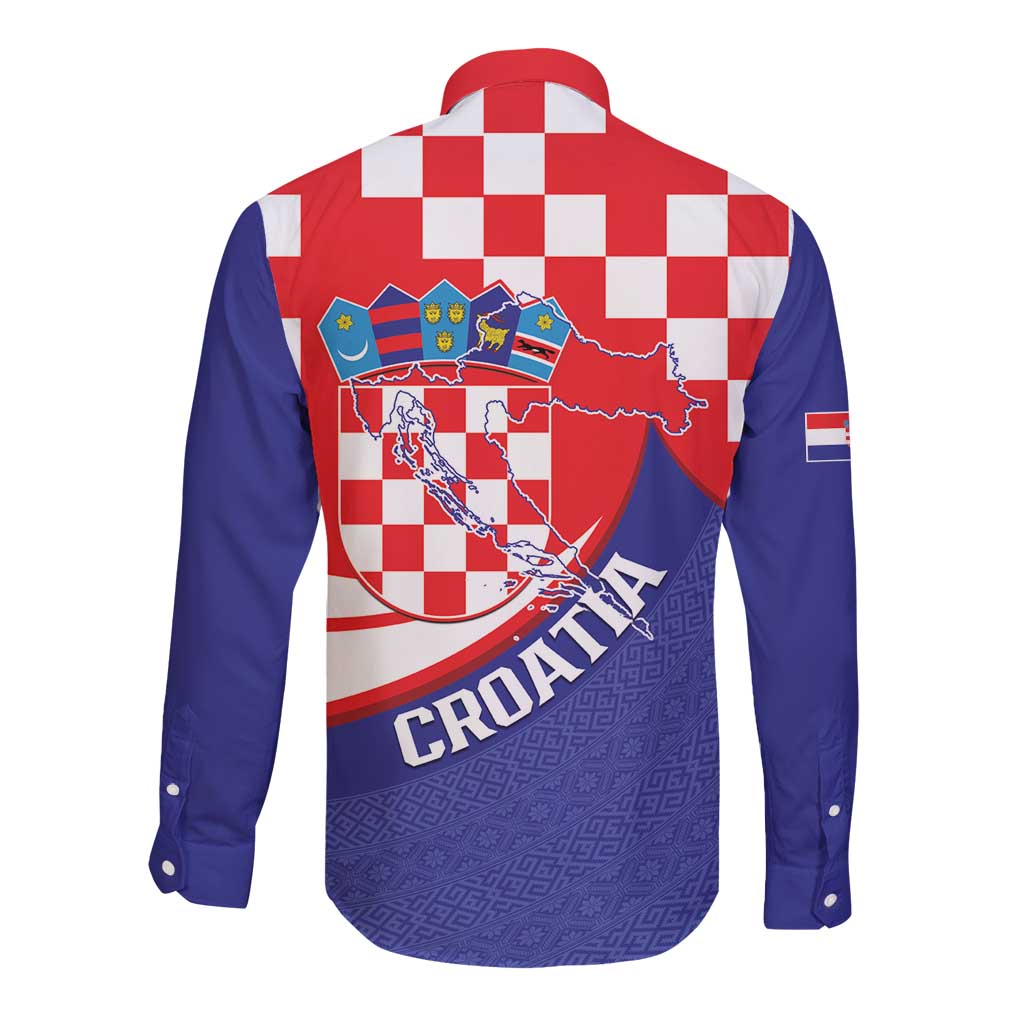 Croatia National Day Long Sleeve Button Shirt Hrvatska Checkerboard With Slavic Pattern