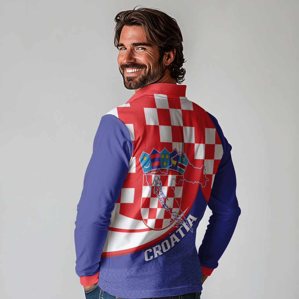 Croatia National Day Long Sleeve Polo Shirt Hrvatska Checkerboard With Slavic Pattern