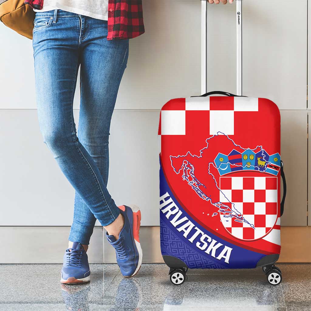 Croatia National Day Luggage Cover Hrvatska Checkerboard With Slavic Pattern