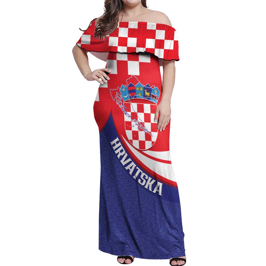 Croatia National Day Off Shoulder Maxi Dress Hrvatska Checkerboard With Slavic Pattern