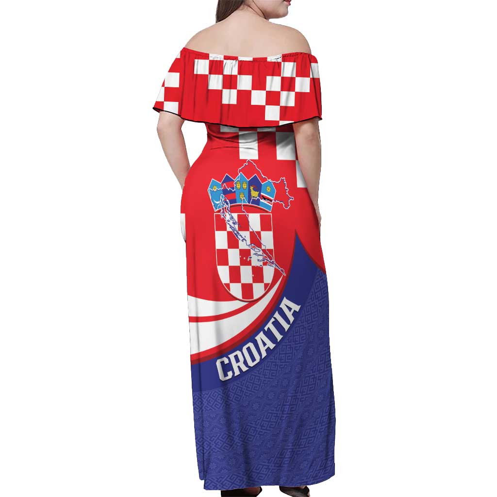 Croatia National Day Off Shoulder Maxi Dress Hrvatska Checkerboard With Slavic Pattern