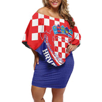 Croatia National Day Off Shoulder Short Dress Hrvatska Checkerboard With Slavic Pattern