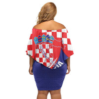 Croatia National Day Off Shoulder Short Dress Hrvatska Checkerboard With Slavic Pattern