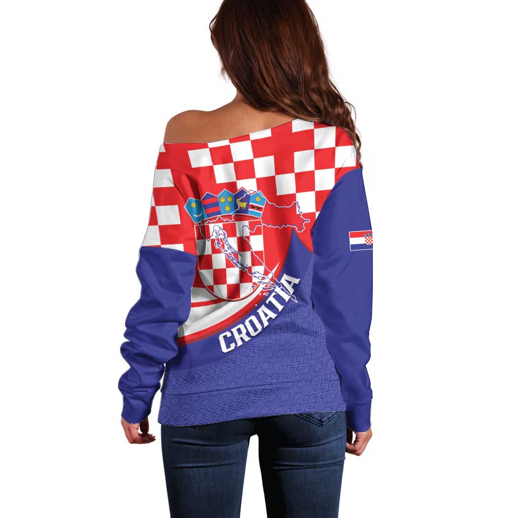 Croatia National Day Off Shoulder Sweater Hrvatska Checkerboard With Slavic Pattern