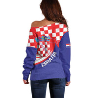 Croatia National Day Off Shoulder Sweater Hrvatska Checkerboard With Slavic Pattern