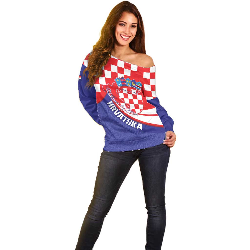 Croatia National Day Off Shoulder Sweater Hrvatska Checkerboard With Slavic Pattern