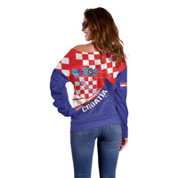 Croatia National Day Off Shoulder Sweater Hrvatska Checkerboard With Slavic Pattern