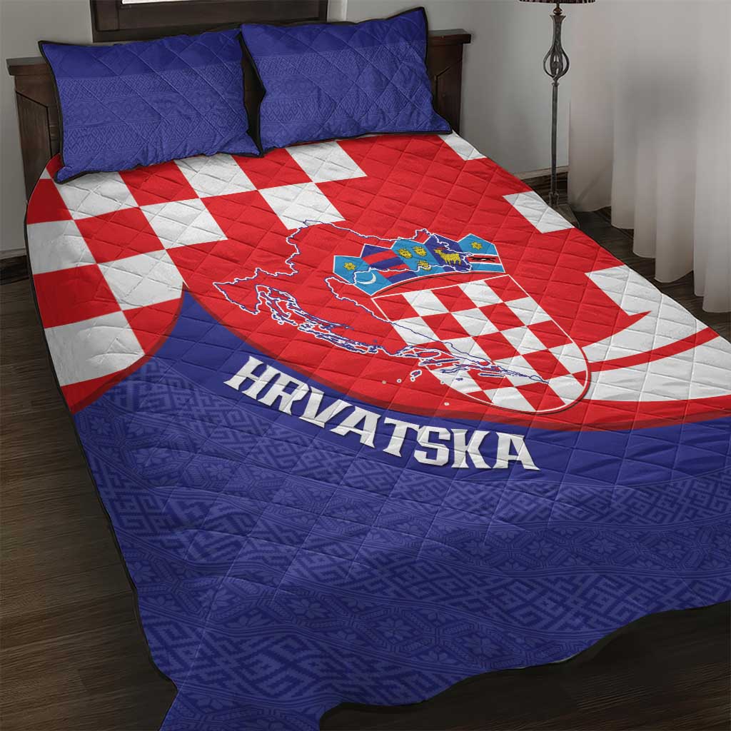 Croatia National Day Quilt Bed Set Hrvatska Checkerboard With Slavic Pattern