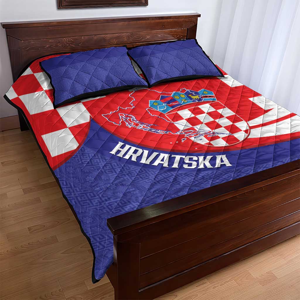 Croatia National Day Quilt Bed Set Hrvatska Checkerboard With Slavic Pattern