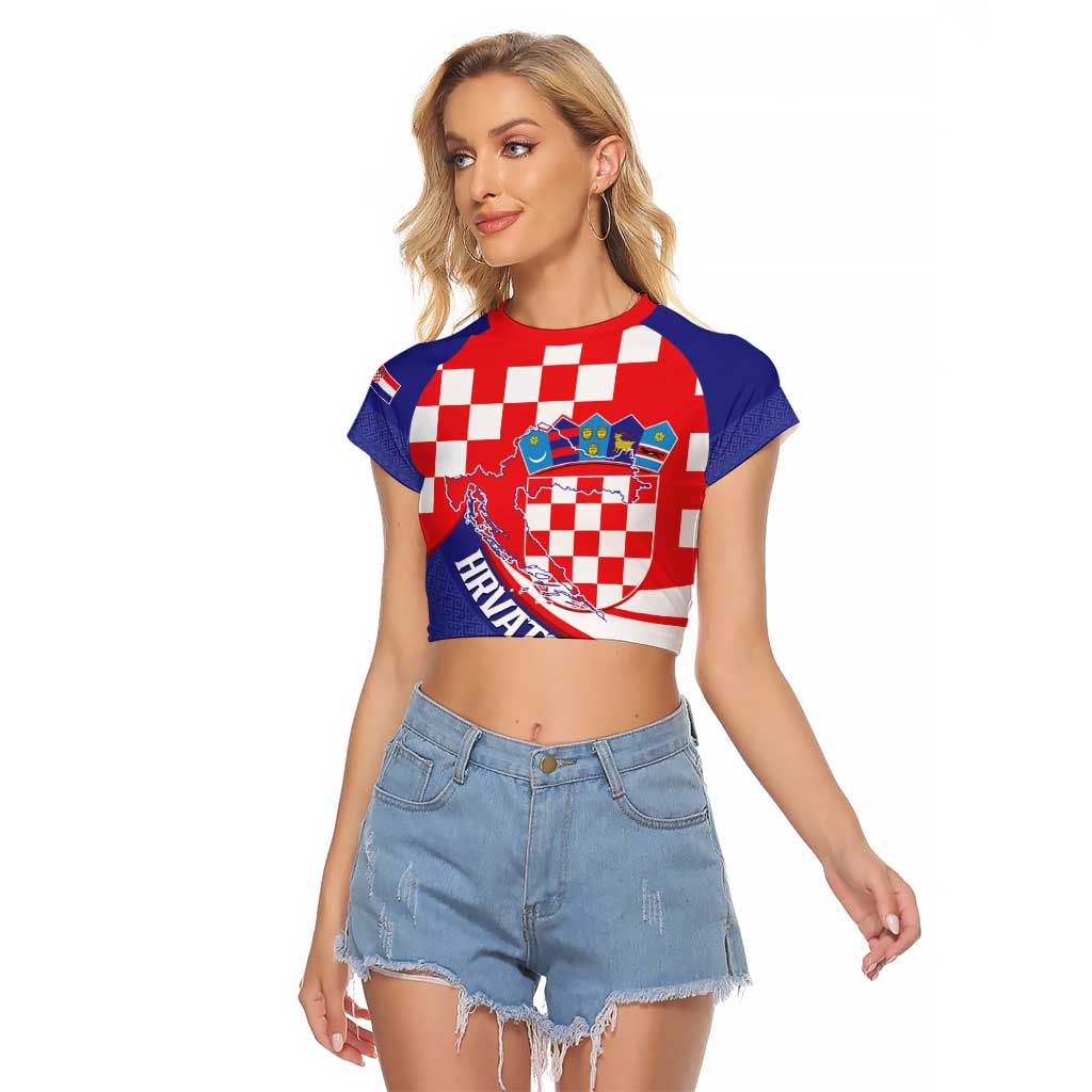 Croatia National Day Raglan Cropped T Shirt Hrvatska Checkerboard With Slavic Pattern