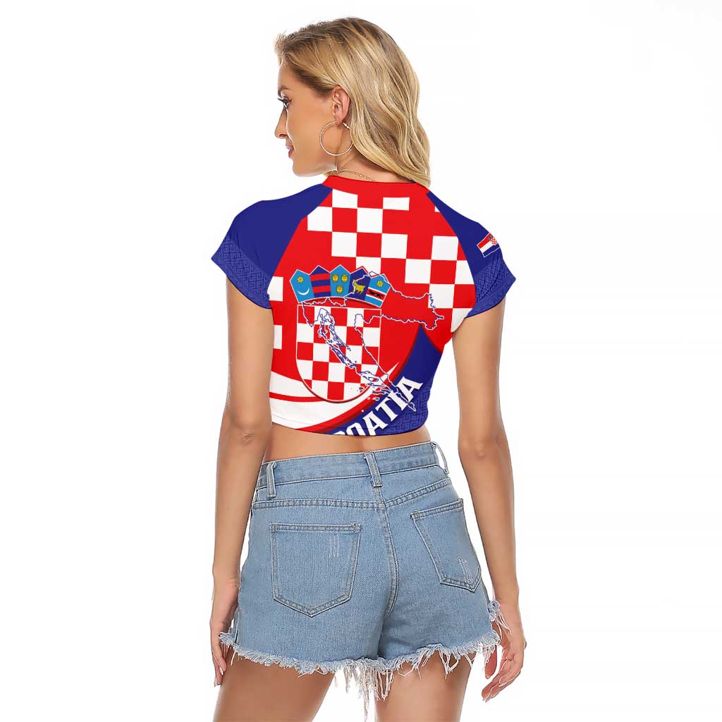 Croatia National Day Raglan Cropped T Shirt Hrvatska Checkerboard With Slavic Pattern