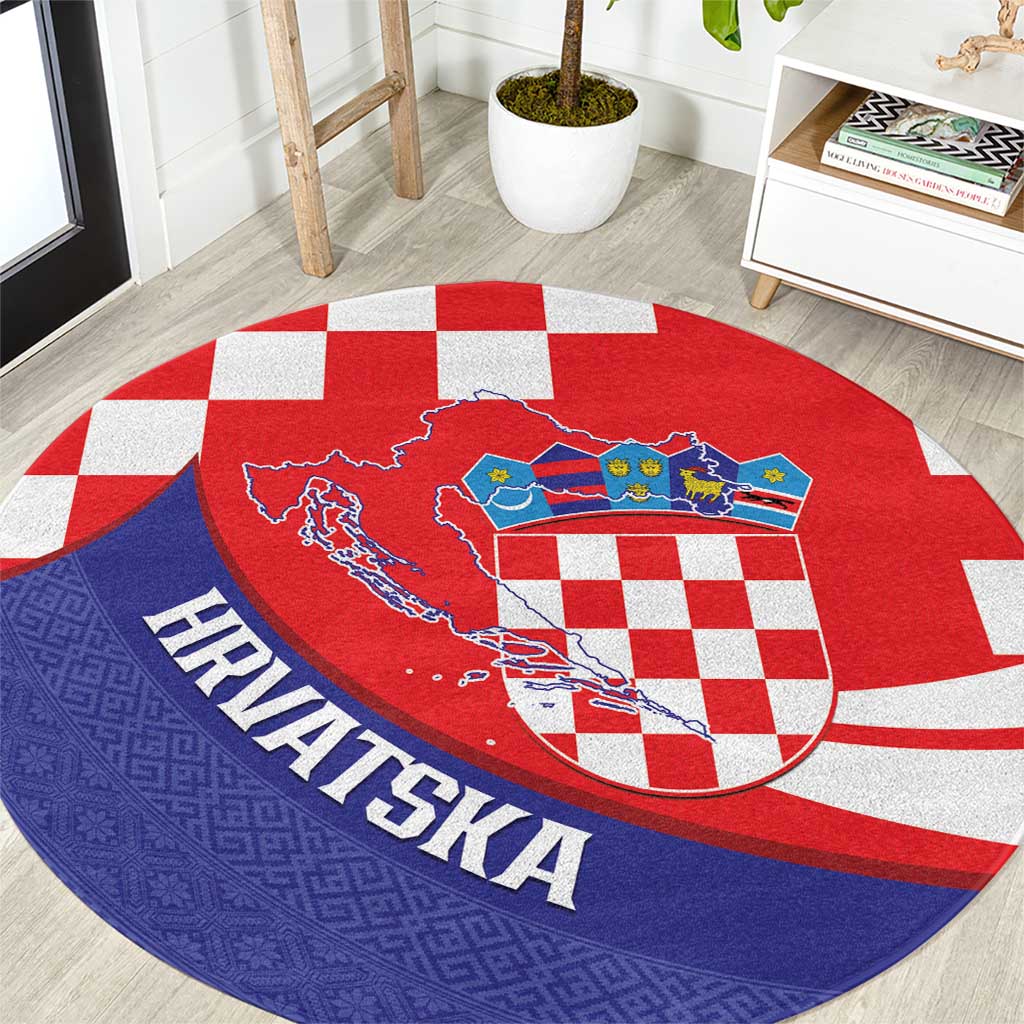 Croatia National Day Round Carpet Hrvatska Checkerboard With Slavic Pattern