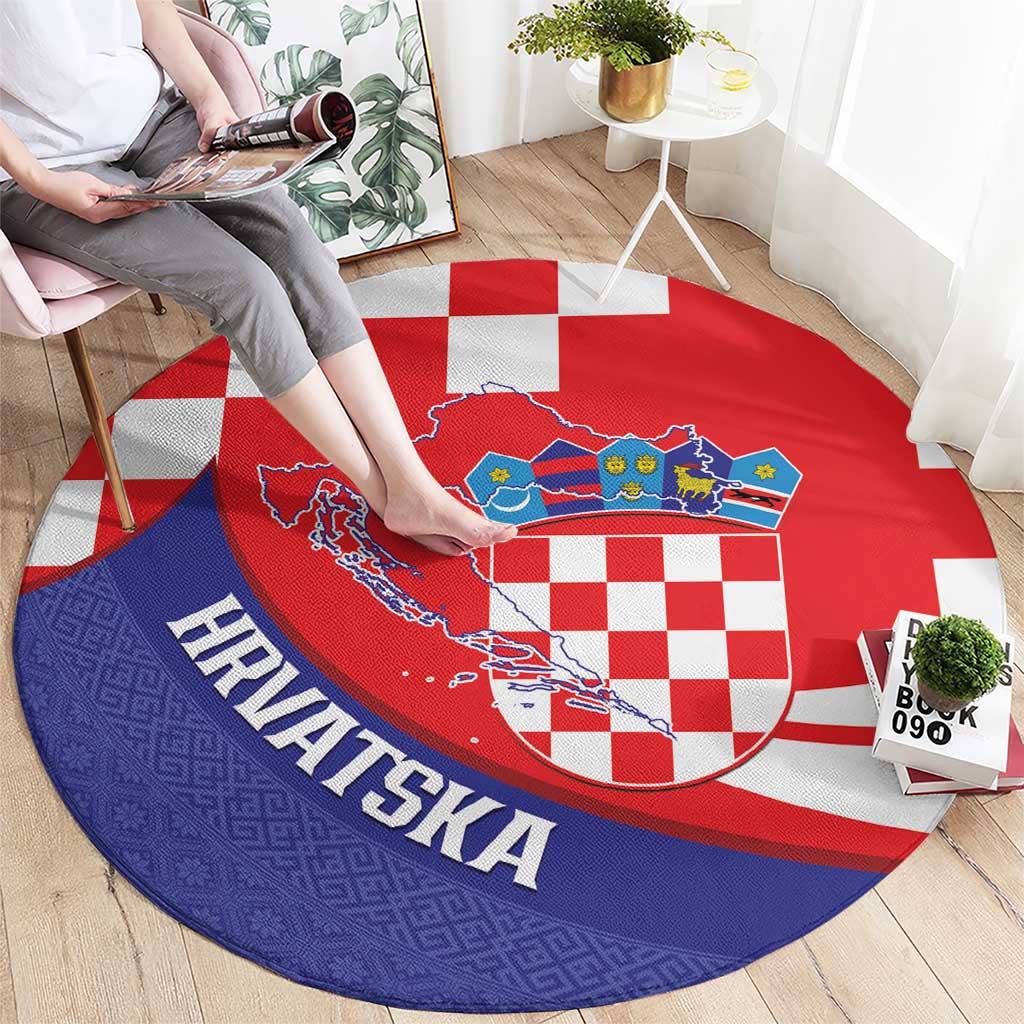 Croatia National Day Round Carpet Hrvatska Checkerboard With Slavic Pattern