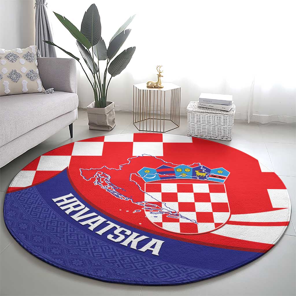 Croatia National Day Round Carpet Hrvatska Checkerboard With Slavic Pattern