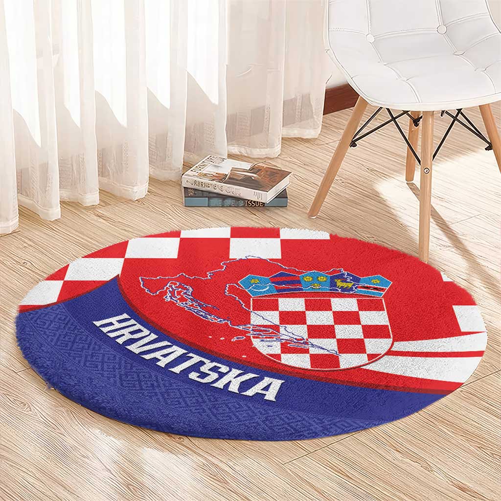 Croatia National Day Round Carpet Hrvatska Checkerboard With Slavic Pattern