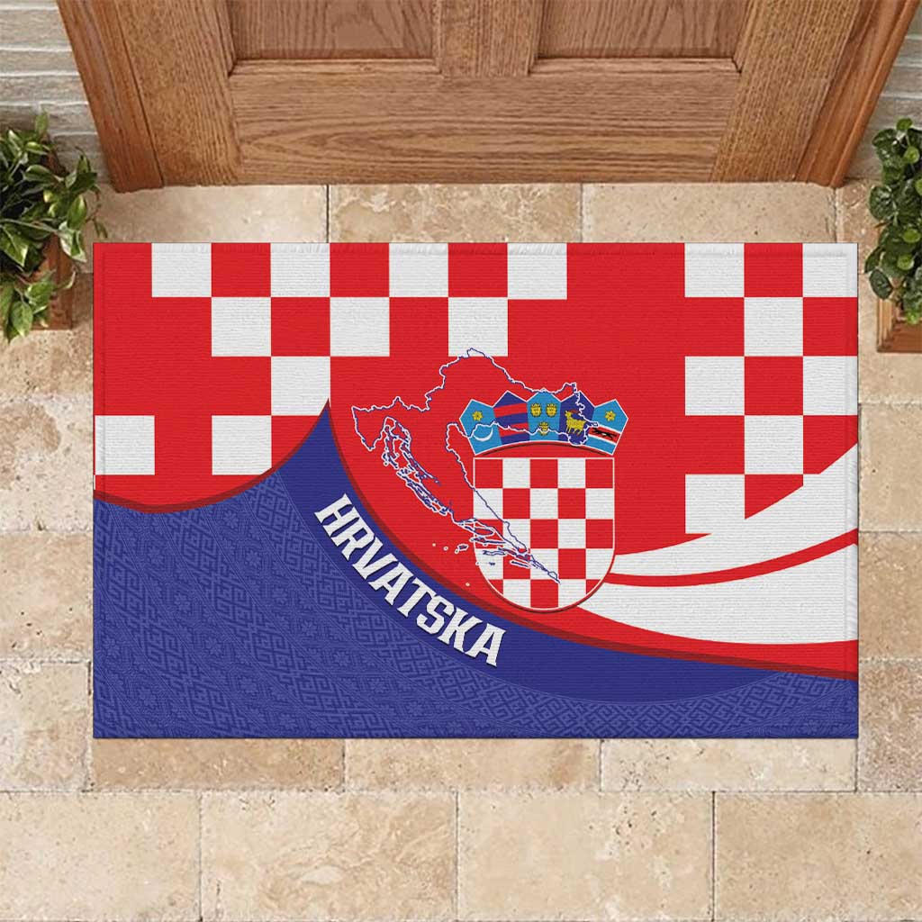 Croatia National Day Rubber Doormat Hrvatska Checkerboard With Slavic Pattern