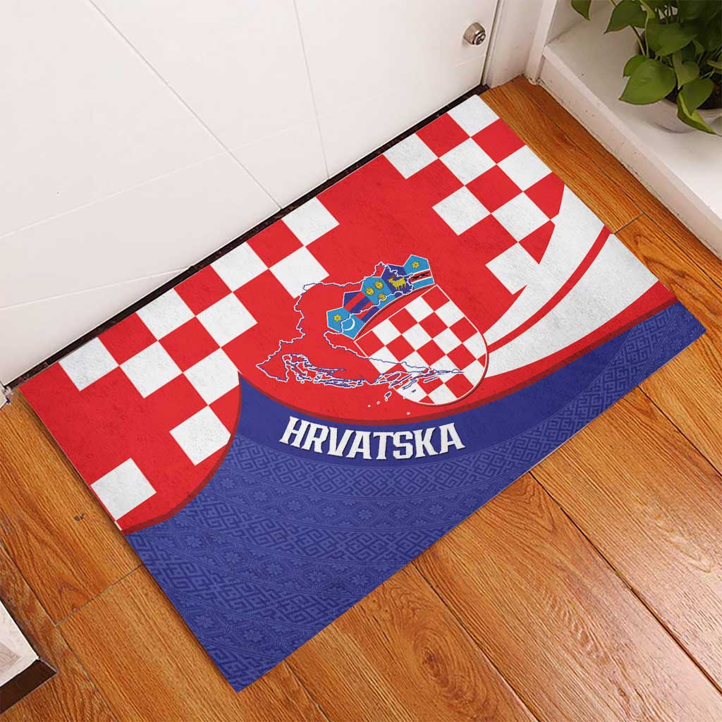 Croatia National Day Rubber Doormat Hrvatska Checkerboard With Slavic Pattern
